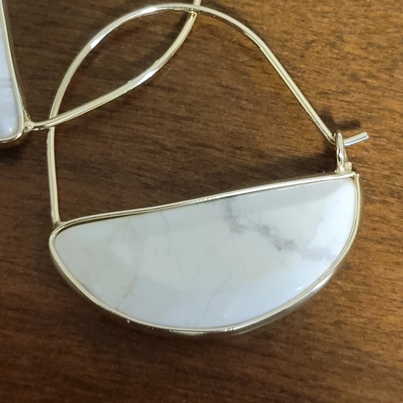 Gold & White Stone Hoop Style Earrings Hook and Eye Closure - Picture 2 of 5